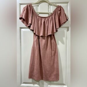 Agaci Elegant Fitted Off-Shoulder Ruffle Suede Pink Dress. Size M
